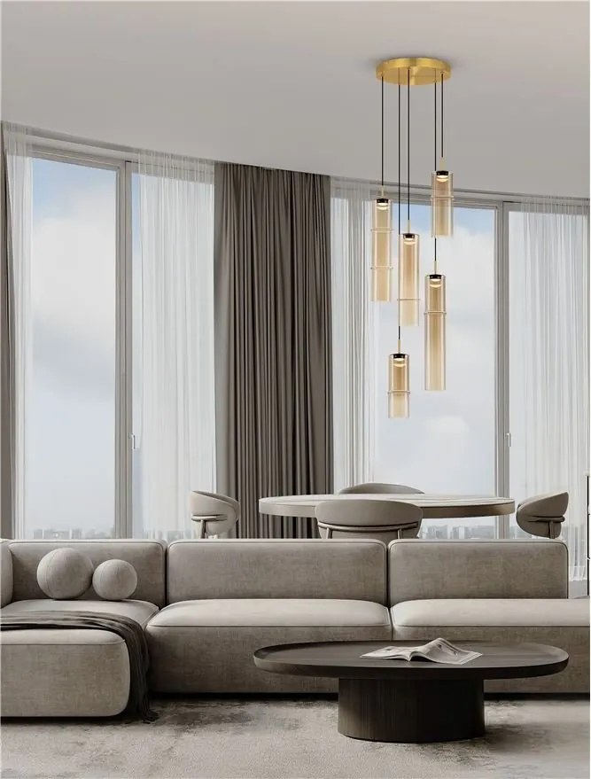 Lustra moderna cu 5 pendule LED, Metal, Sticla, Cognac, SANO