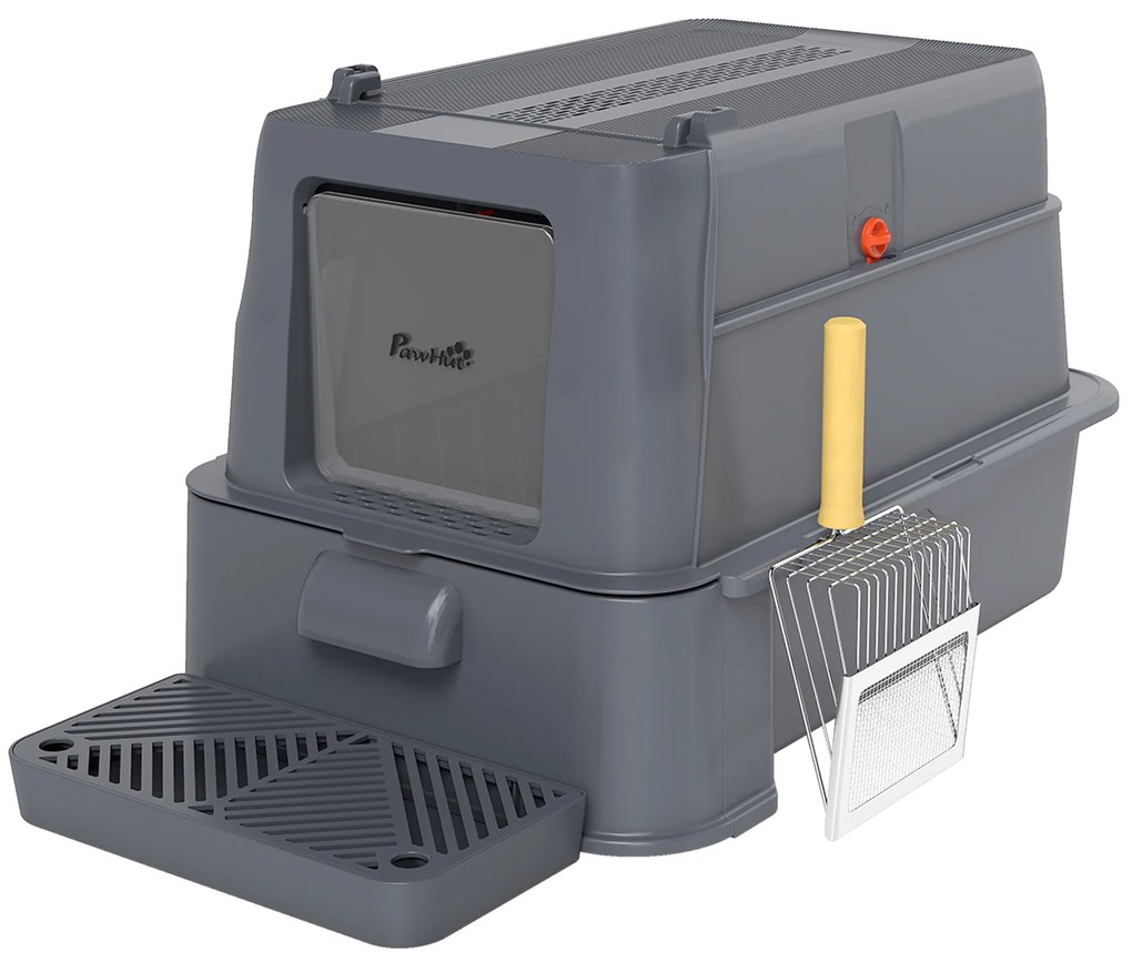 PawHut Litieră Închisă de 80L pentru Pisici cu Tavă Detașabilă, în ABS și Oțel Inoxidabil, 63x43x43 cm, Gri Închis | Aosom Romania
