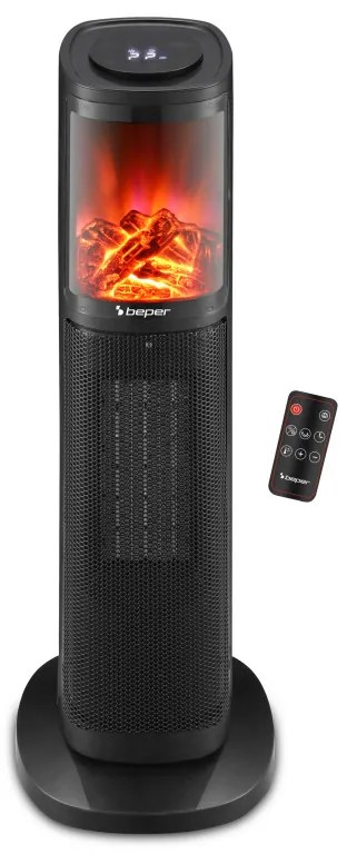Incalzitor ceramic Beper P203TER011, 2000W, Afisaj LED, Efect foc 3D, Timer 8 ore, Negru