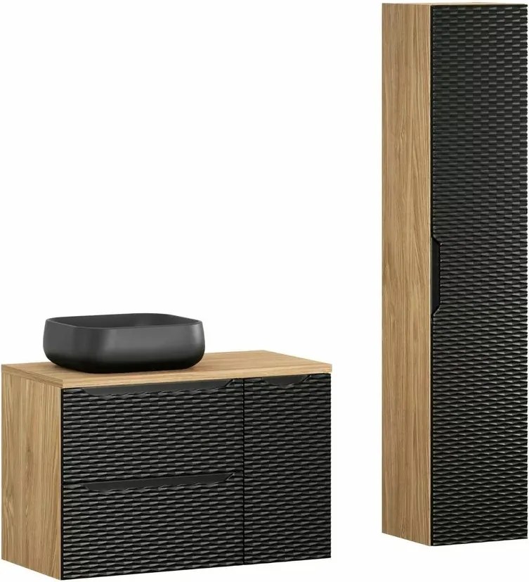 Set mobilier baie 90 cm 5 piese Comad Ocean stejar uleiat si negru mat