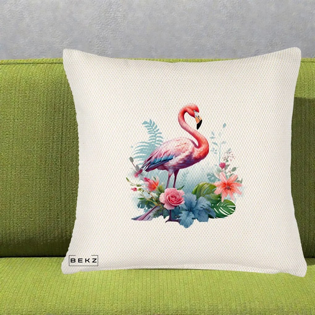 Perna Decorativa Flamingo cu Flori Tropicale Acuarela, 40x40 cm, Crem Reliefat, Husa Detasabila, Perna Inclusa, BEKZ®