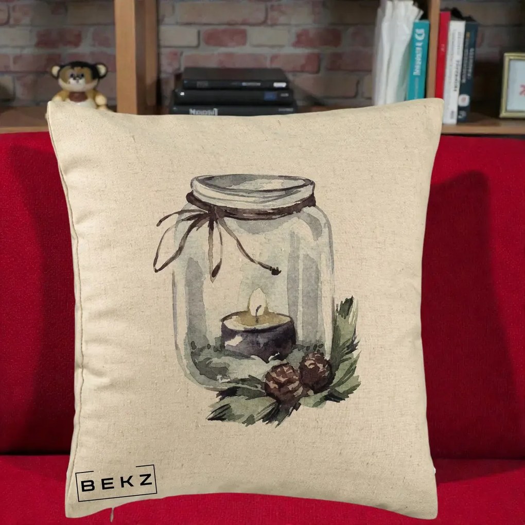 Perna Decorativa Felinar cu Lumanare si Conuri, 40x40 cm, Bej, Husa Detasabila, Perna Inclusa, BEKZ®