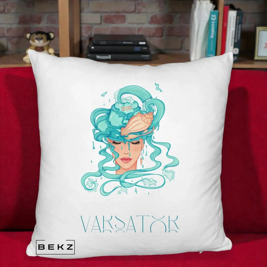 Perna Personalizata Zodiac Varsator Cowgirl, 40x40 cm, Alb Pufos, Husa Detasabila, Perna Inclusa, BEKZ®