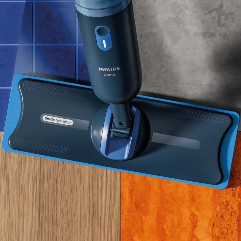 Mop electric Philips OneUp 3000 XV3101/01, 50 min, 50 m², 312/270 ml, cap rotativ la 360°, indicator LED, încărcare USB-C, albastru