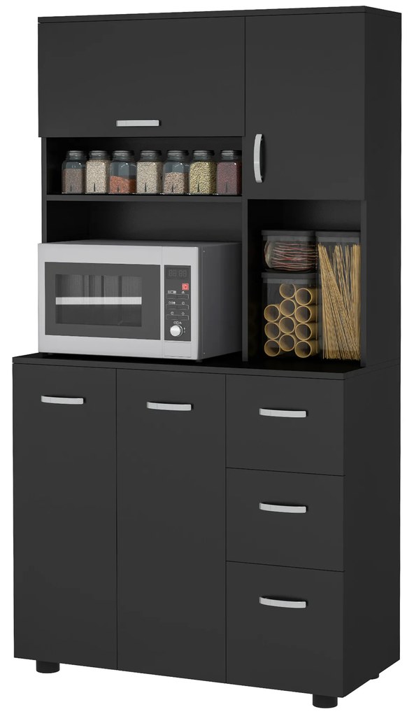HOMCOM Cabină de bucătărie multi-depozitare 4 uși 3 sertare raft + blat mare 89L x 39,5l x 168H cm negru | Aosom Romania