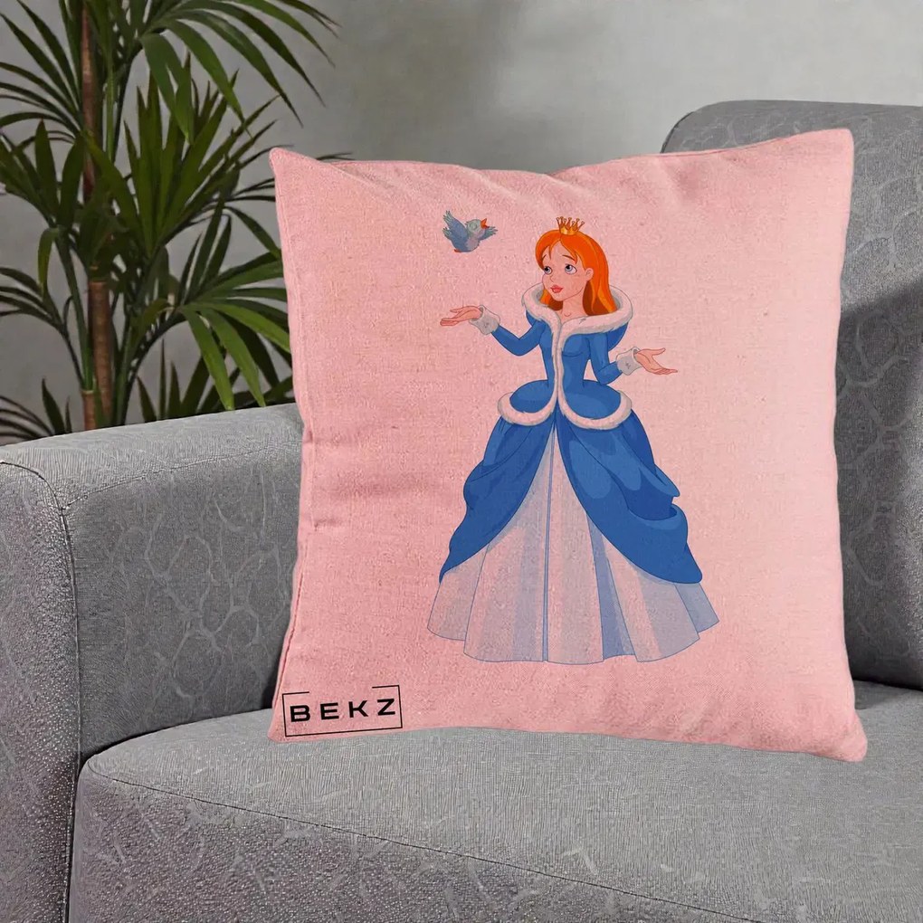 Perna Personalizata Printesa Albastra cu Pasare, 40x40 cm, Roz, Husa Detasabila, Perna Inclusa, BEKZ®