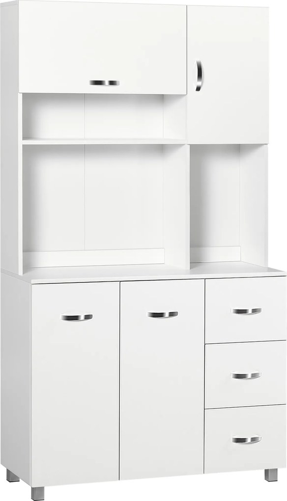Homcom Bufet Înalt pentru Bucătărie, Dulap cu Sertare și Dulapioare, Rafturi Deschise pentru Microunde, 100x39.5x183.5cm, Alb | Aosom Romania