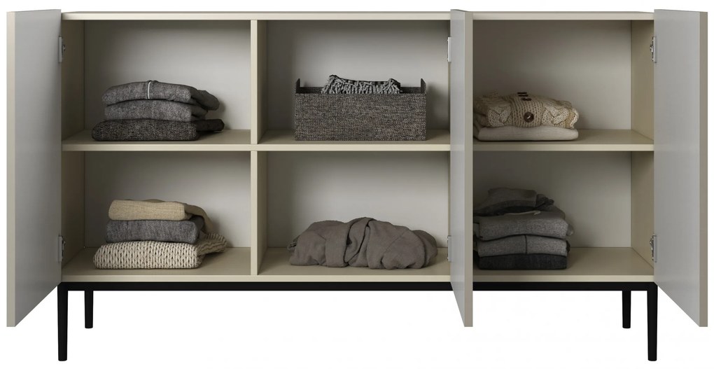 Comodă Nicole 150 cm cu 3 uși, fronturi canelate - cashmir / picioare negre