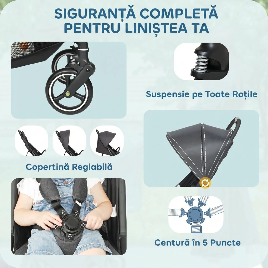 AIYAPLAY Cărucior Pliabil 0-3 Ani Spătar Reglabil și Copertină Gri | Aosom Romania