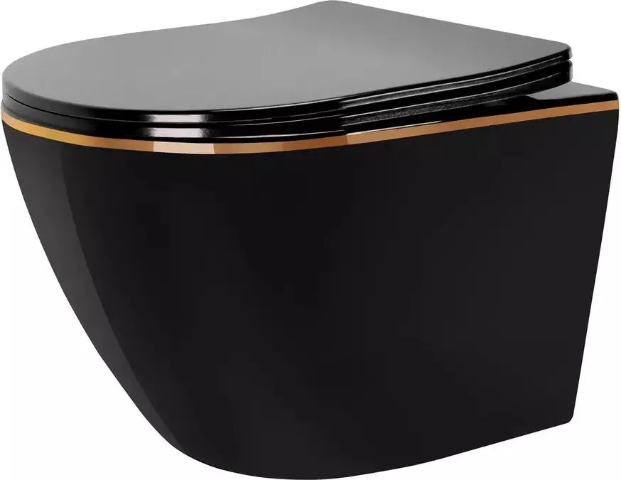 Set vas WC suspendat Rea Carlo Mini negru - auriu lucios cu capac softclose