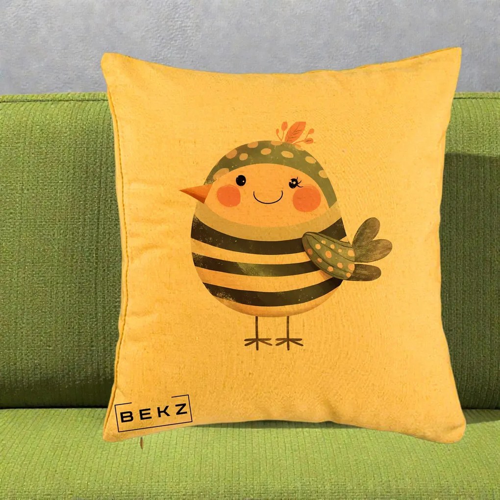Perna Decorativa Pui Kawaii Teal cu Flori, 40x40 cm, Galben, Husa Detasabila, Perna Inclusa, BEKZ®