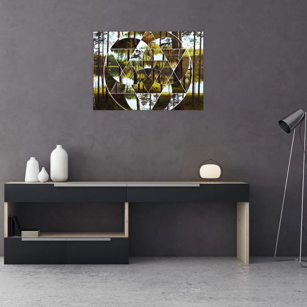 Tablou pe sticlă - Colaj geometric pe fundalul pădurilor nordice (70x50 cm)