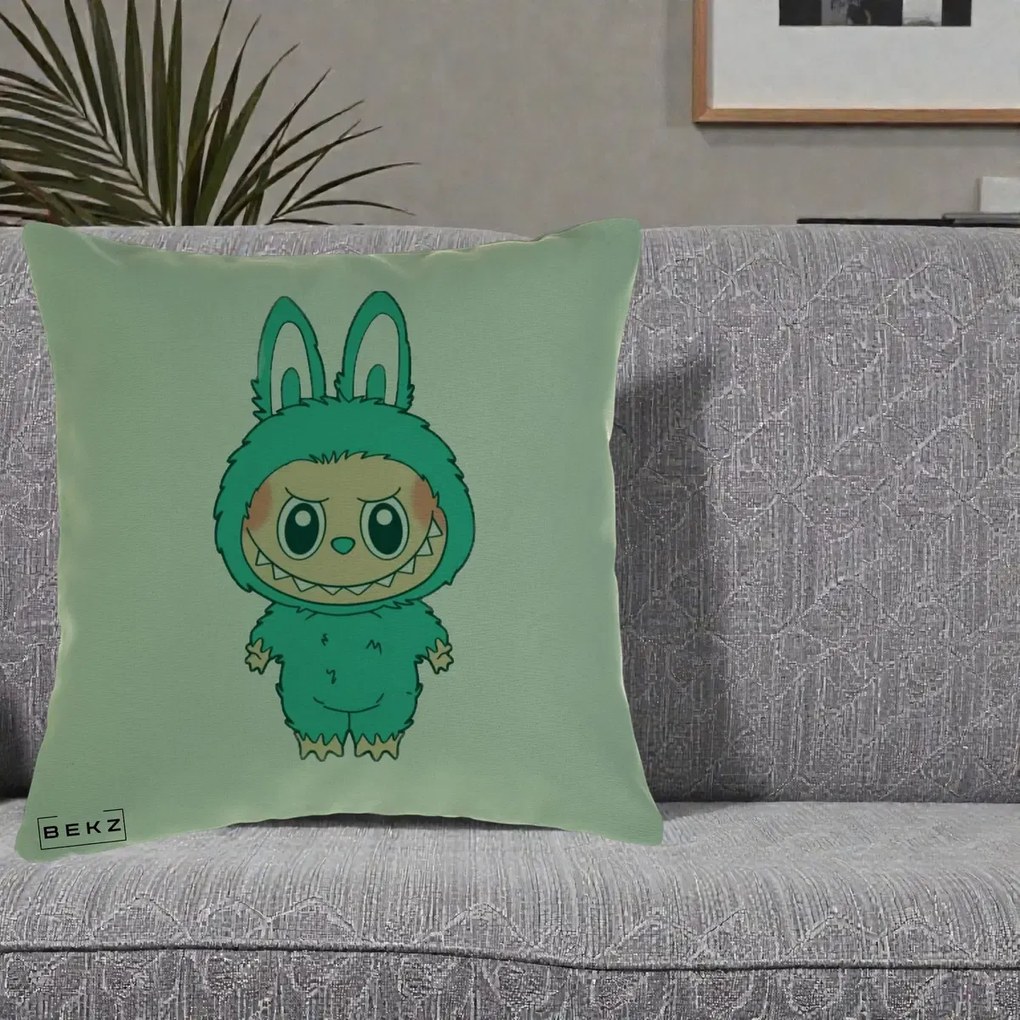 Perna Personalizata Labubu Turcoaz, 40x40 cm, Verde, Husa Detasabila, Perna Inclusa, BEKZ®