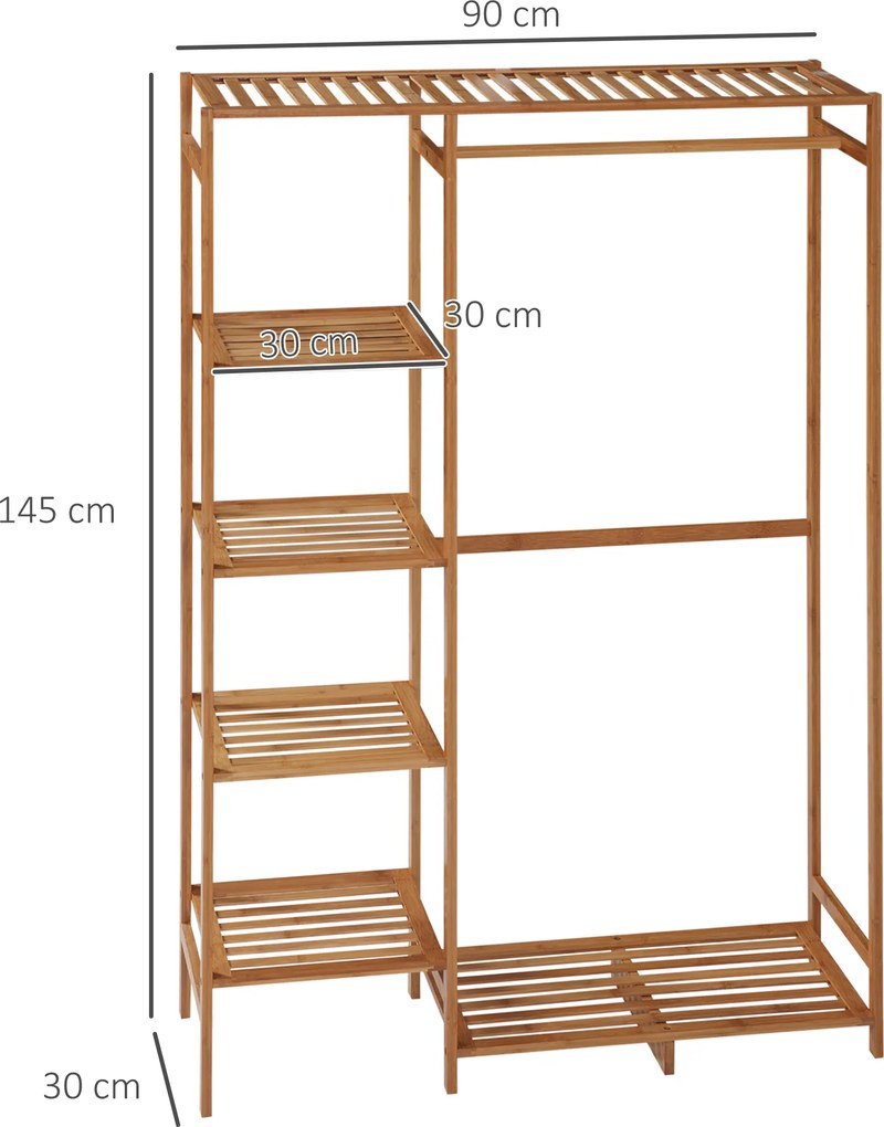 HOMCOM Suport pentru Haine din Bambus cu Rafturi pe 6 Niveluri și Bară pentru Haine, Stender pentru Dormitor și Hol, Design Modern, 90x30x145 cm, Lemn Natural | Aosom Romania