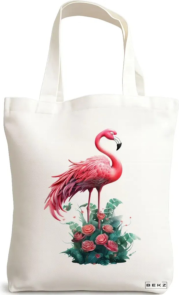 Sacosa de Panza pentru Cumparaturi, Geanta Tote, model Flamingo 38 x 34.5 cm, Alba, BEKZ®