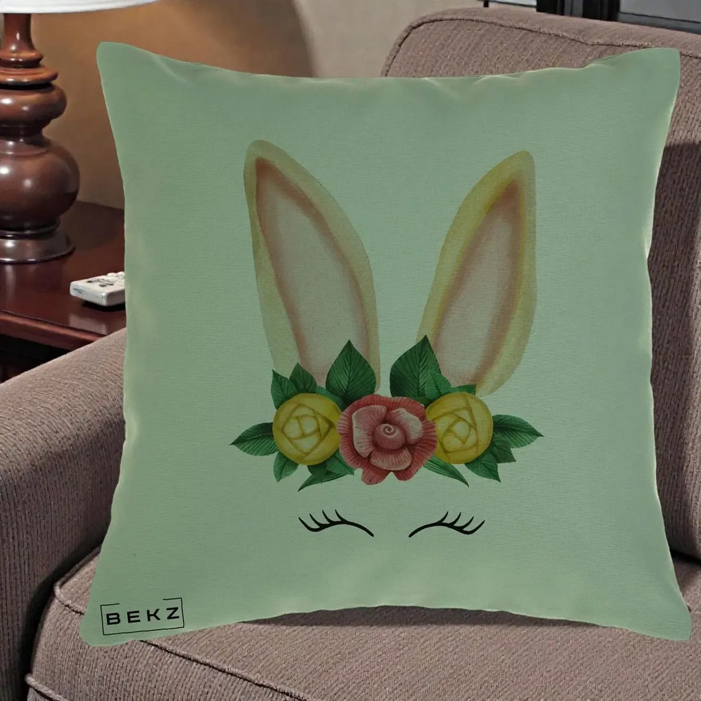 Perna Decorativa Iepuras Flori Urechi Pastelui, 40x40 cm, Verde, Husa Detasabila, Perna Inclusa, BEKZ®