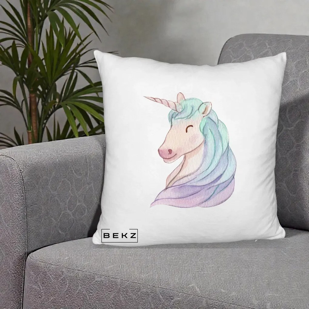 Perna Decorativa Unicorn Acuarela Pastel, 40x40 cm, Alb Pufos, Husa Detasabila, Perna Inclusa, BEKZ®