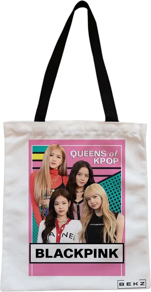 Sacosa de Panza pentru Cumparaturi, Geanta Tote, model Blackpink 1, Cu fermoar, 38x34.5 cm, Alba, BEKZ®
