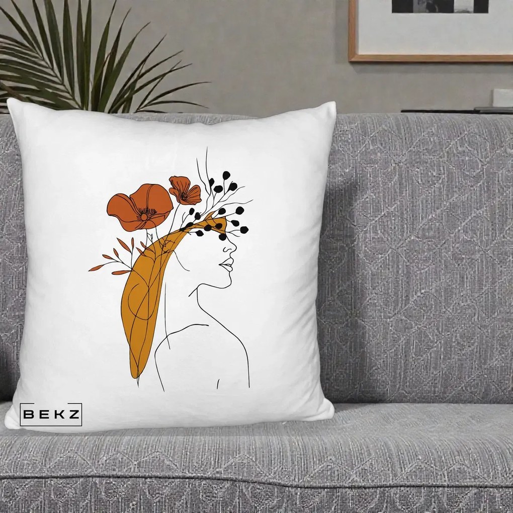 Perna Decorativa Portret Feminin Maci Rosii Auriu, 40x40 cm, Alb Pufos, Husa Detasabila, Perna Inclusa, BEKZ®
