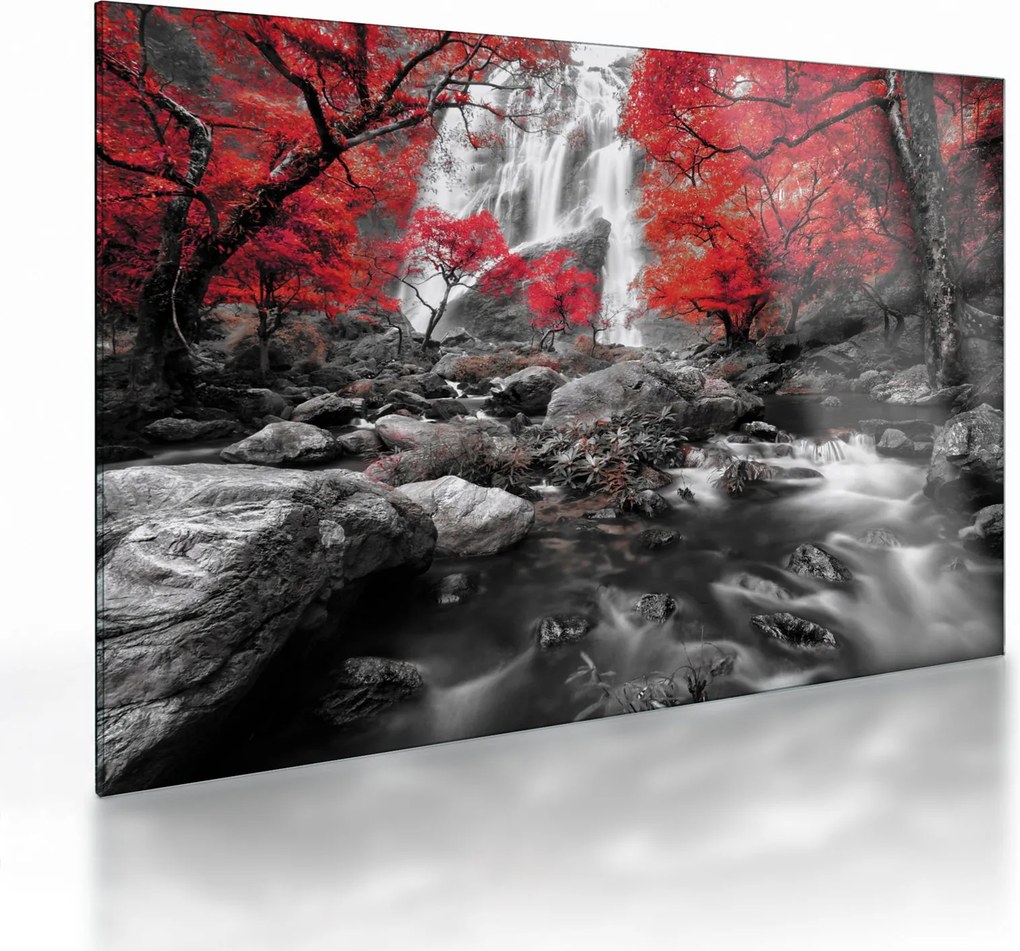 Tablou pe sticlă - Cascade în peisajul de toamnă (70x50 cm)