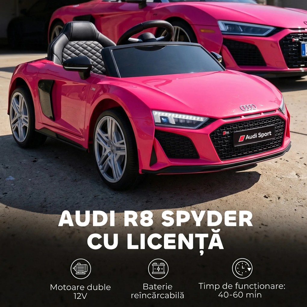 AIYAPLAY Mașinuță Electrică pentru Copii 12V Audi R8 Spyder, 3+ Ani, 3-5 km/h, cu 2 Motoare și Telecomandă, Roz | Aosom Romania