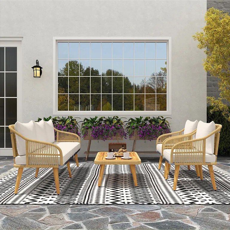 Outsunny Set de Mobilier de Grădină din 4 Piese cu Canapea, 2 Fotolii, Măsuță și Perne, 180x64x80 cm, Kaki | Aosom Romania