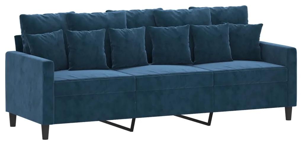 Canapea cu 3 locuri si taburet, albastru, 180 cm, catifea Albastru, 198 x 77 x 80 cm