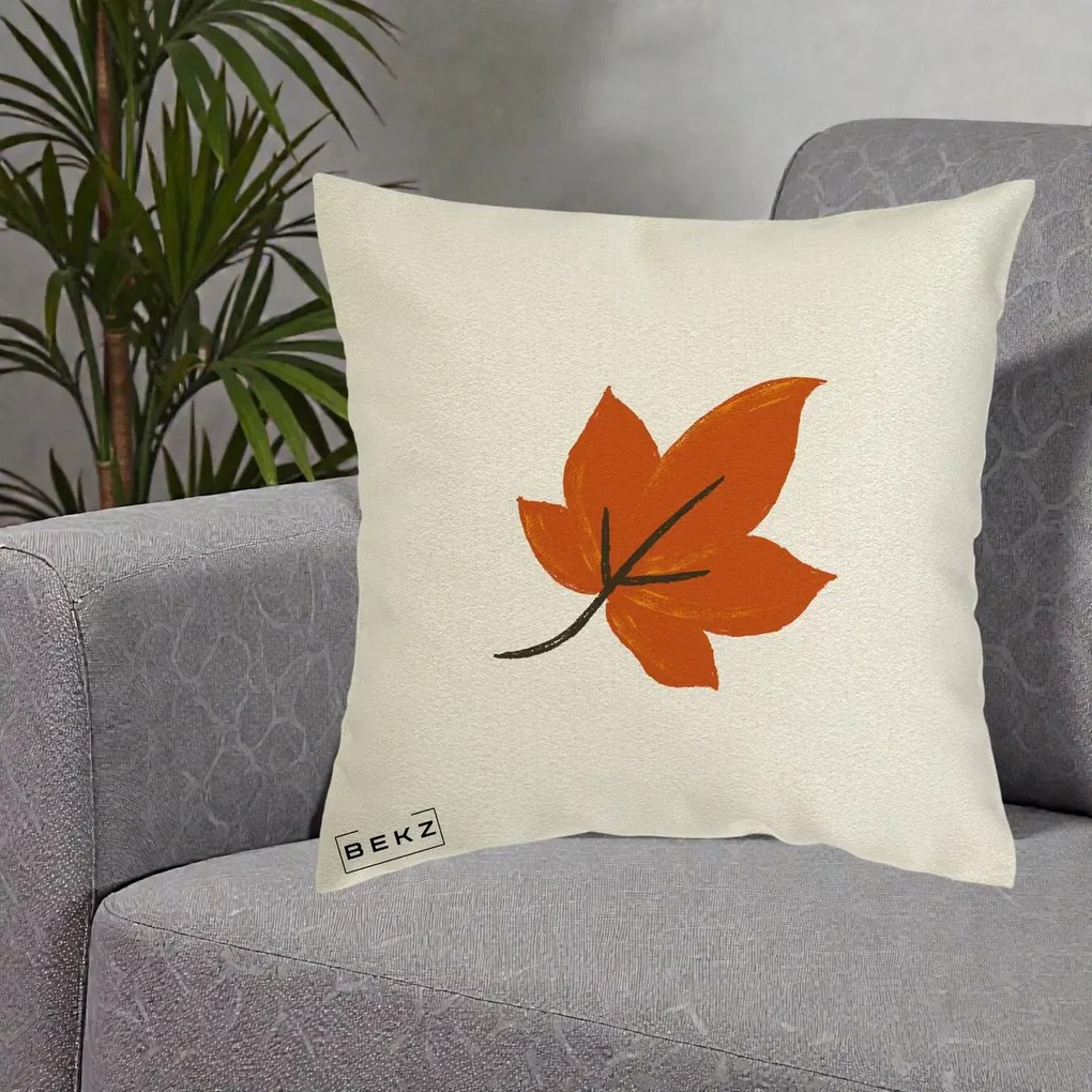 Perna Decorativa Frunza de Toamna Portocalie, 40x40 cm, Ecru, Husa Detasabila, Perna Inclusa, BEKZ®