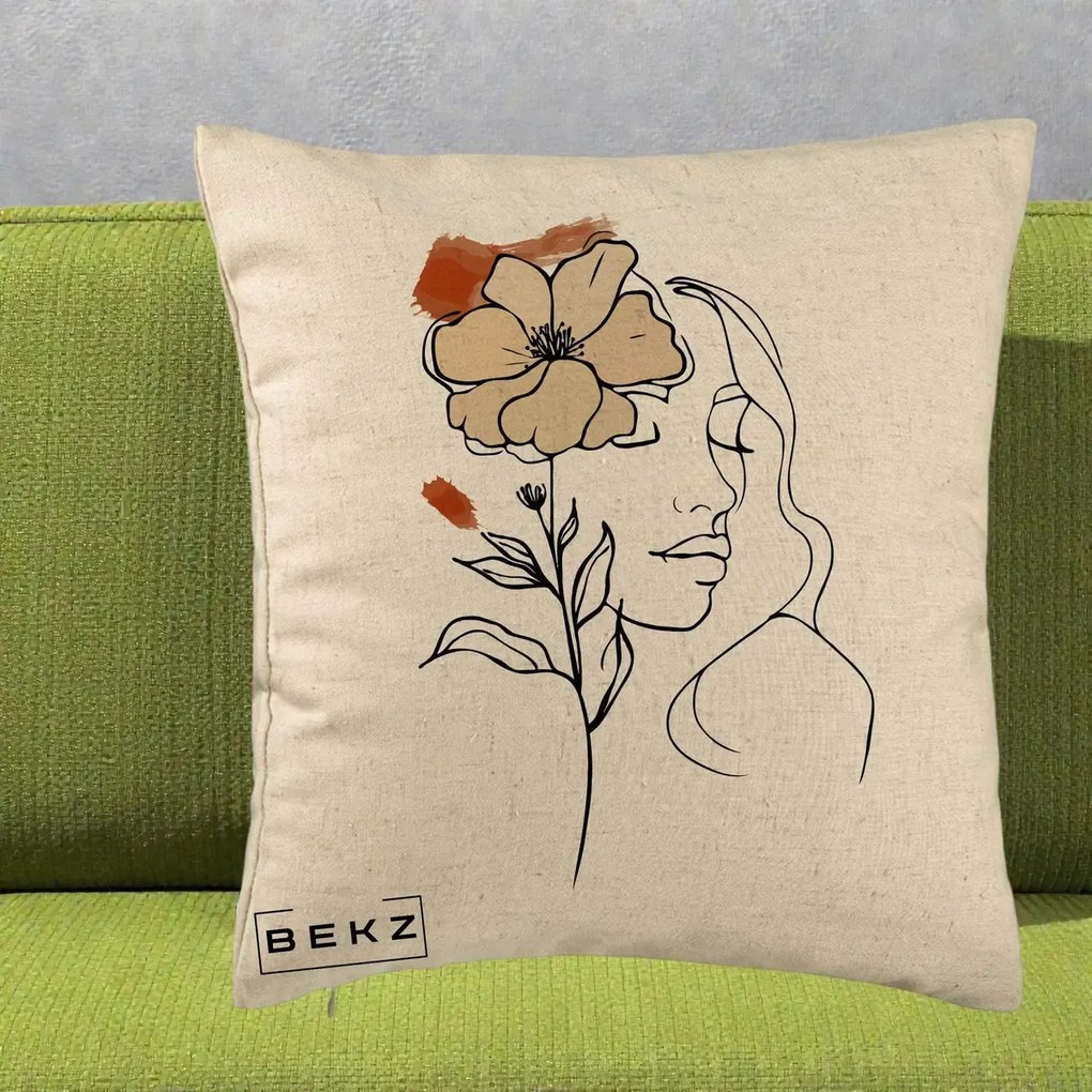 Perna Decorativa Portret Feminin Floare Bej Terracotta, 40x40 cm, Bej, Husa Detasabila, Perna Inclusa, BEKZ®