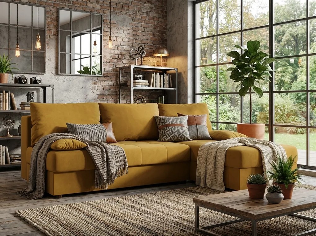 Coltar extensibil de colt VENORIA SLIM, mustar, reversibil, 200x143 cm + 2 perne GRATUIT