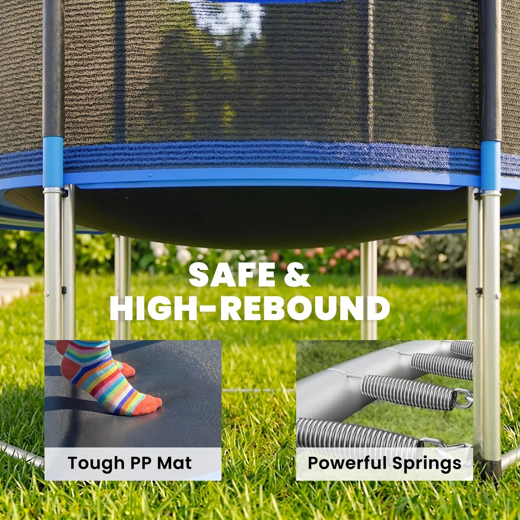 SPORTNOW Trambulină Elastică pentru Adulți Ø244cm, Covor Elastic pentru Adulți cu Plasă de Protecție, Scară cu 2 Trepte, Protecție pentru Arcuri, Structură din Oțel, Capacitate 100kg, Albastru | Aosom Romania