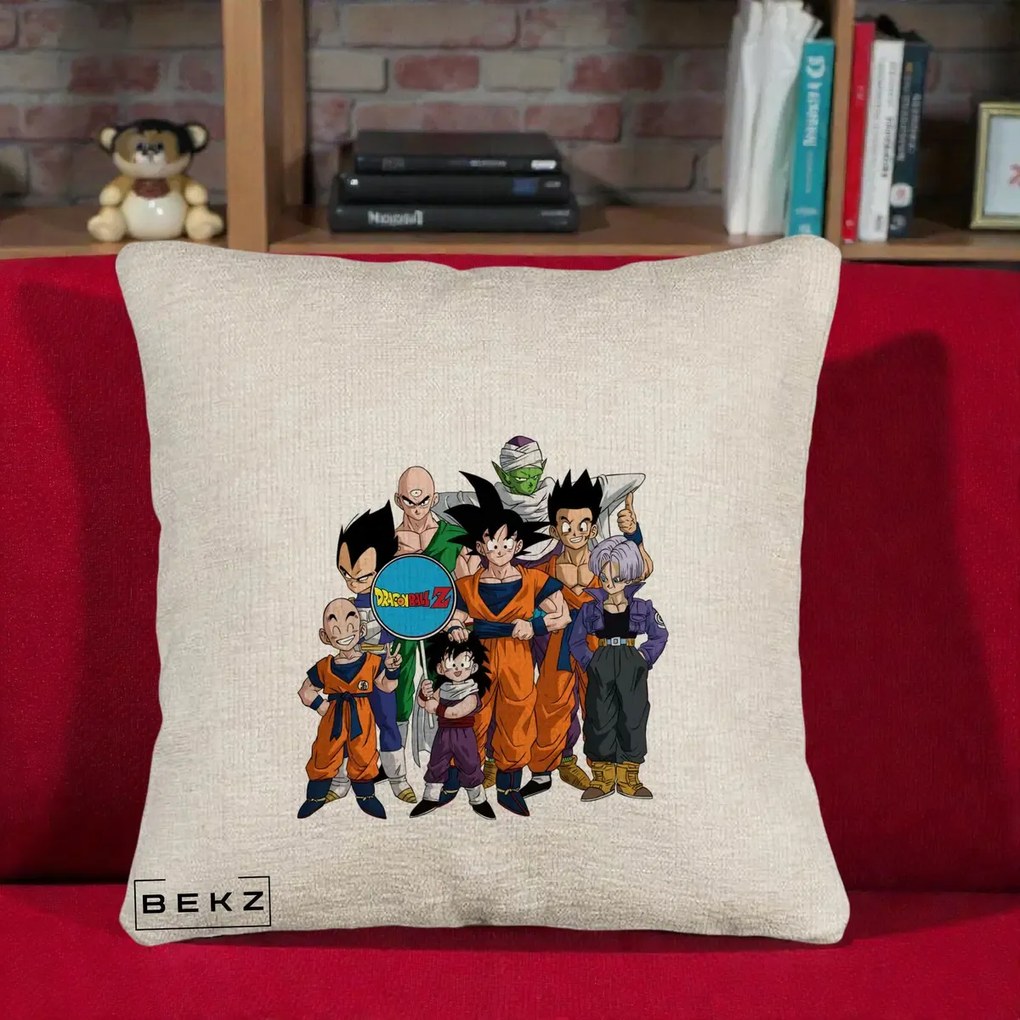Perna Personalizata Dragon Ball Z Grup Complet, 40x40 cm, Bej Canapea, Husa Detasabila, Perna Inclusa, BEKZ®