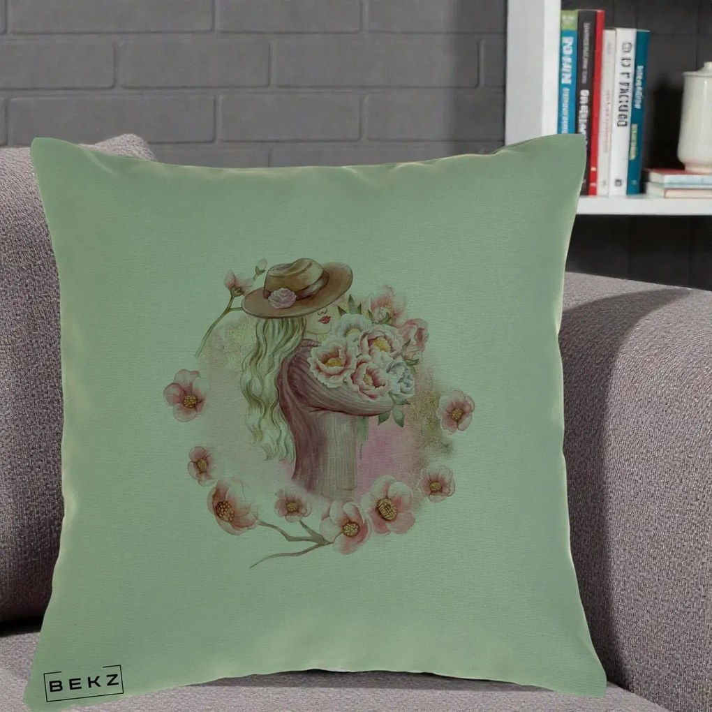 Perna Decorativa Femeie cu Flori Roz Acuarela, 40x40 cm, Verde, Husa Detasabila, Perna Inclusa, BEKZ®