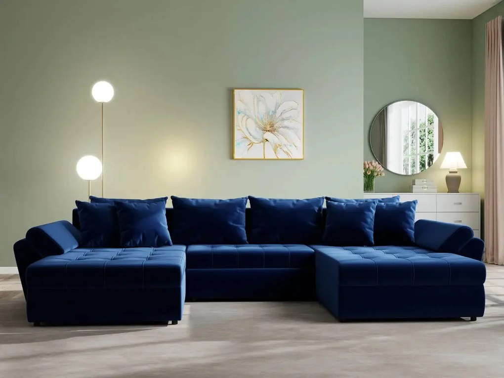 Colțar extensibil dumonde cu ladă de depozitare si sezut confortabil din spuma high-density, Loana U Royal Blue 355x185 cm