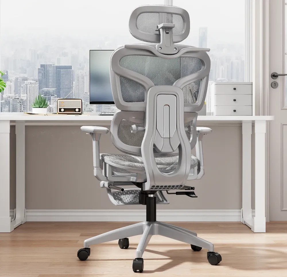 Scaun ergonomic, functie translatie sezut, cotiere reglabile 3D, tetiera 6D, suport lombar reglabil, spătar reglabil inaltime, pivotant, suport picioare, Gri