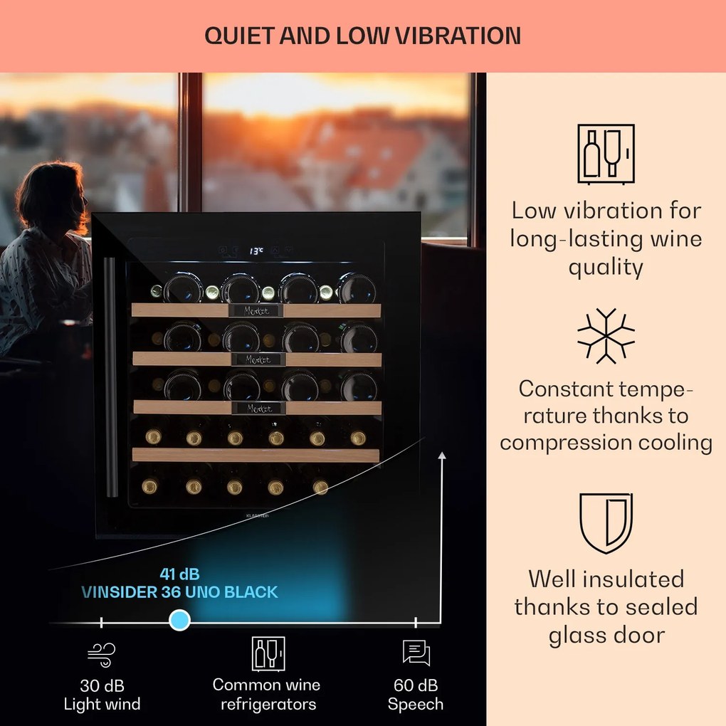 Klarstein Vinsider 36 Built-In Uno, frigider pentru vin încorporat, 36 sticle, 92 litri, oțel inoxidabil