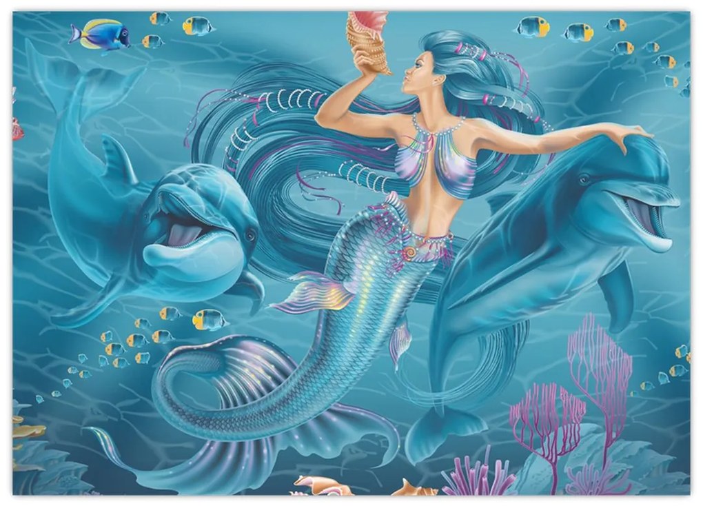 Tablou pe sticlă - Sirenă cu delfini (70x50 cm)