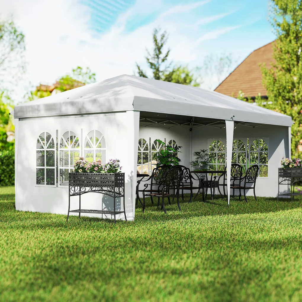 Outsunny Foisor de gradina cu ferestre, inaltime reglabila cu pereti detasabili, 585x295x270cm alb | AOSOM RO