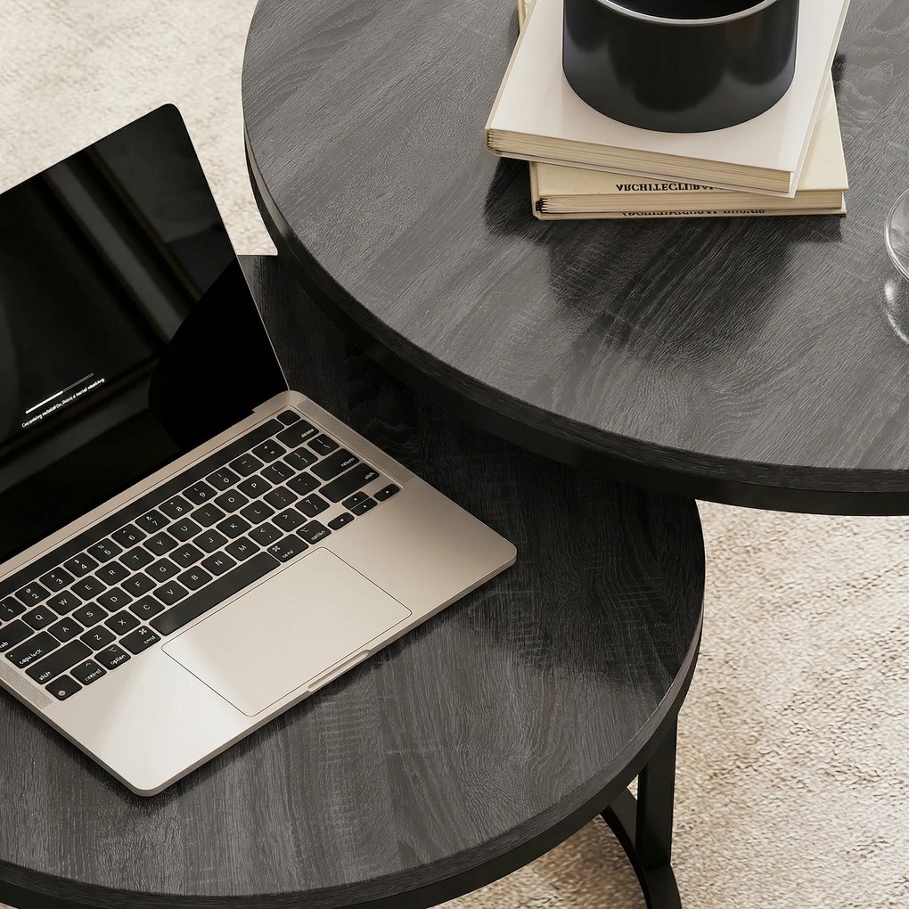 HOMCOM Set modern de 2 măsuțe de cafea, măsuțe laterale suprapuse cu cadru metalic pentru living, dormitor, birou, Negru | Aosom Romania