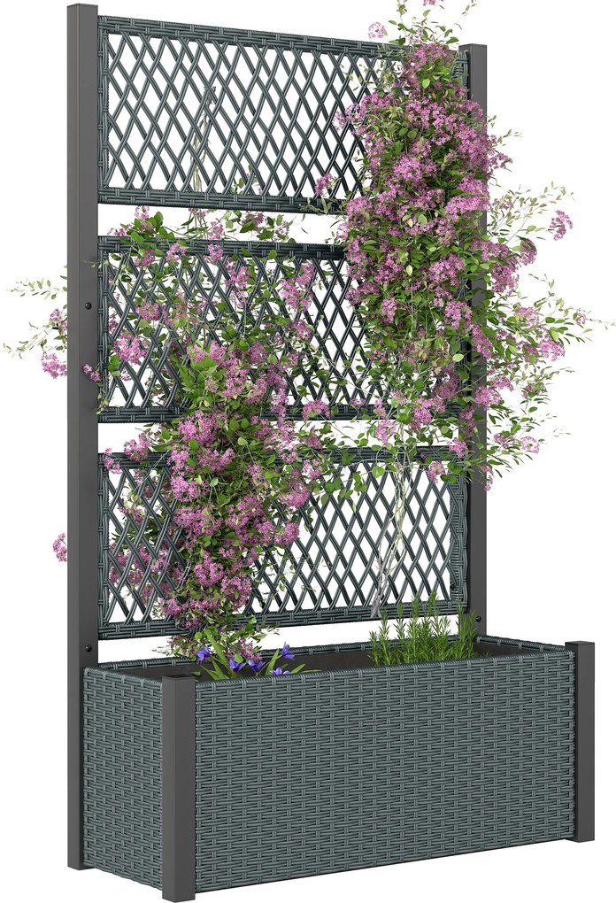 Outsunny Jardinieră înaltă cu spalier în aspect rattan, ghiveci cu suport pentru cățărătoare 90 x 35 x 148 cm Gri închis | Aosom Romania