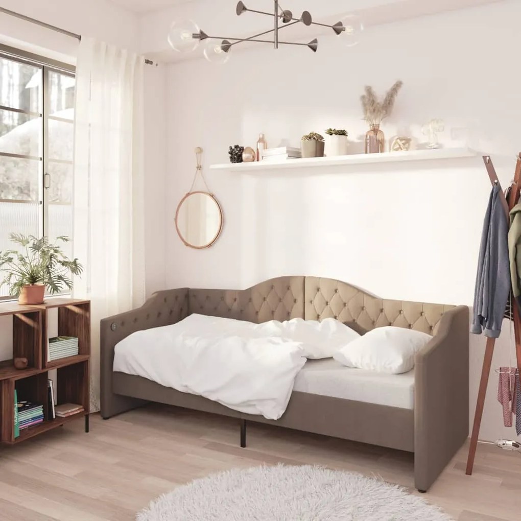 Pat de zi, gri taupe, 90x200 cm, textil, usb