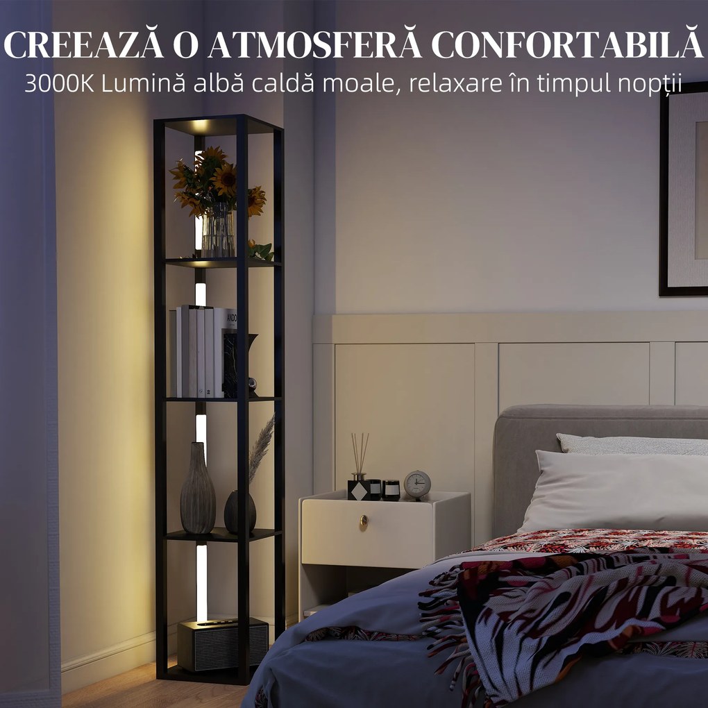 HOMCOM Lampă de Podea cu 4 Rafturi și 3 Luminozități Reglabile 29x29x163cm Negru | Aosom Romania