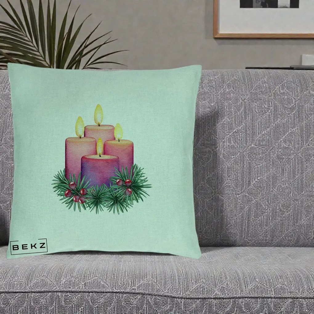 Perna Decorativa Lumanari Advent Roz-Violet, 40x40 cm, Verde Menta, Husa Detasabila, Perna Inclusa, BEKZ®