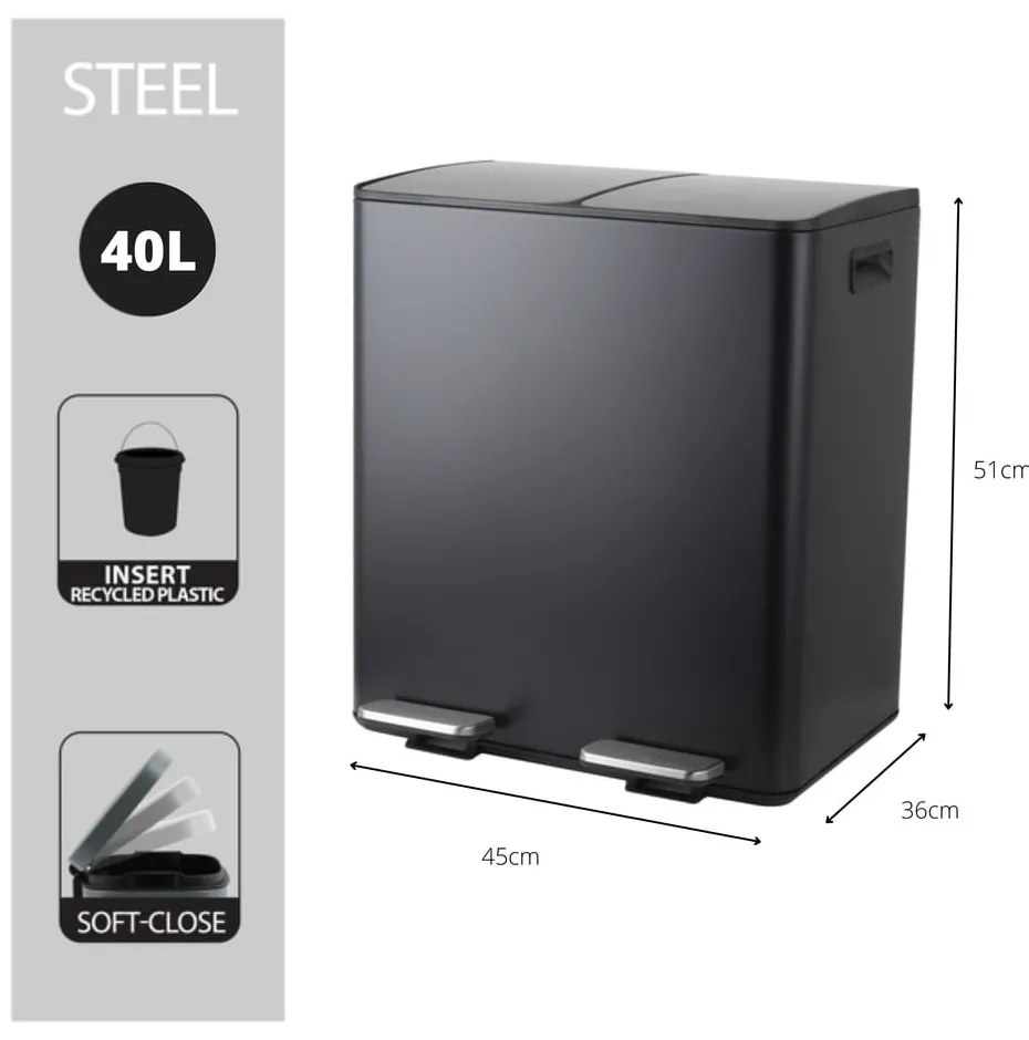 Coș de gunoi negru mat pentru reciclare/cu pedală 2x20 l din oțel Aliya – Spirella