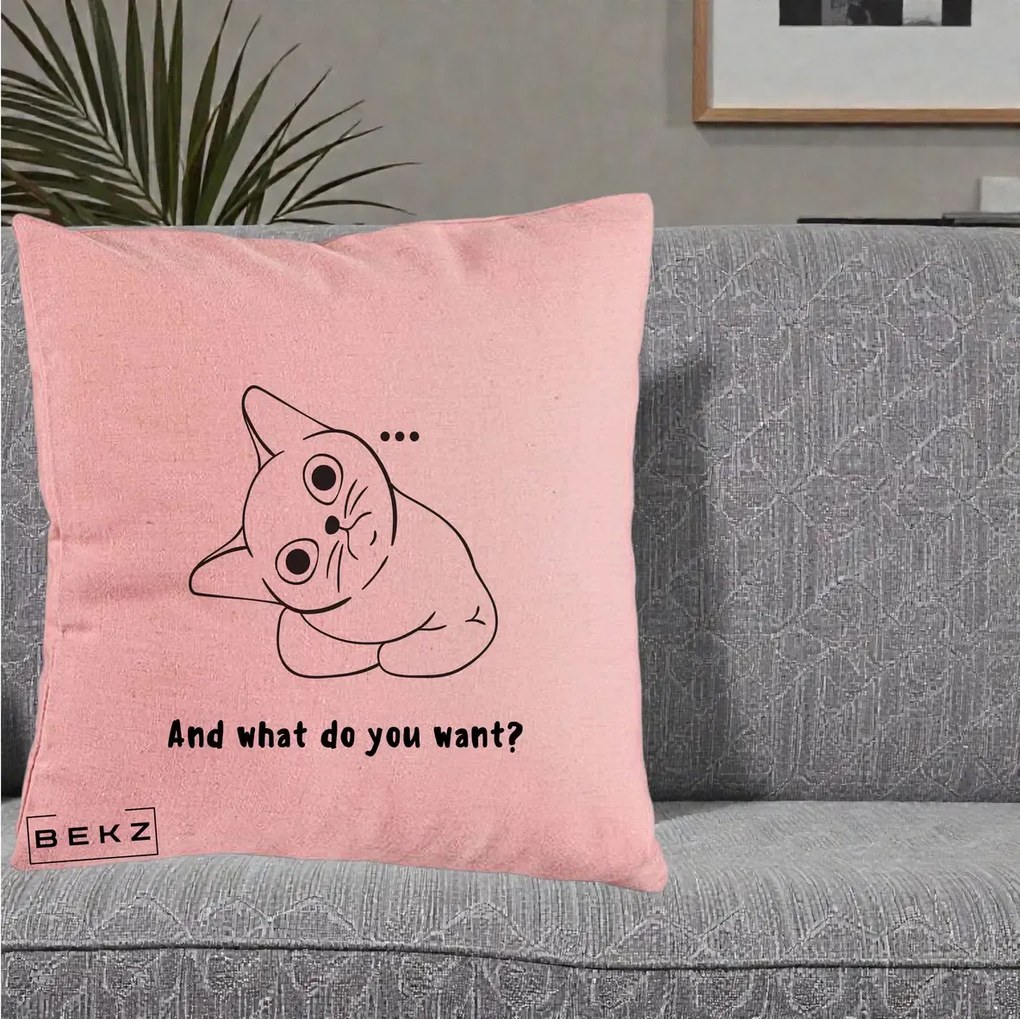 Perna Decorativa And What Do You Want Cat, 40x40 cm, Roz, Husa Detasabila, Perna Inclusa, BEKZ®