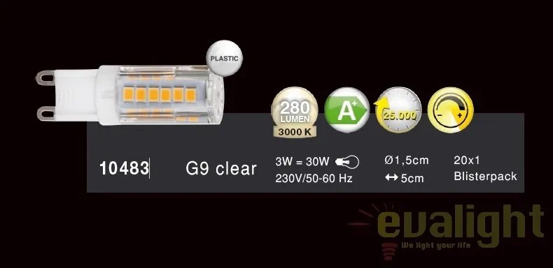Bec LED G9 clar dimabil 3 Watt 280lm 3000K 10483 GL