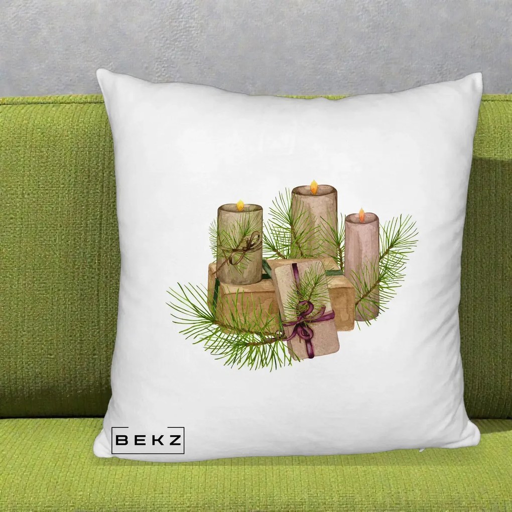 Perna Decorativa Lumanari cu Cadouri Naturale, 40x40 cm, Alb Pufos, Husa Detasabila, Perna Inclusa, BEKZ®