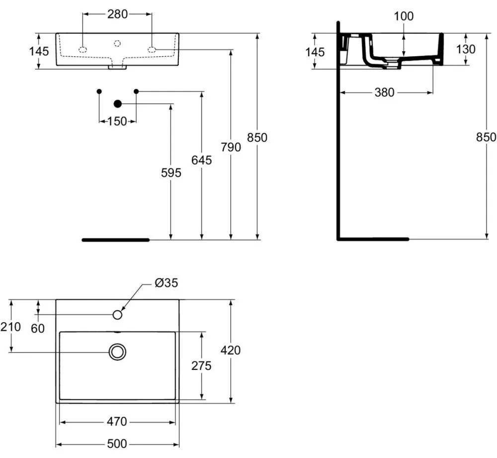 Lavoar suspendat alb 50 cm, dreptunghiular, orificiu baterie si preaplin, Ideal Standard Strada 500x420 mm