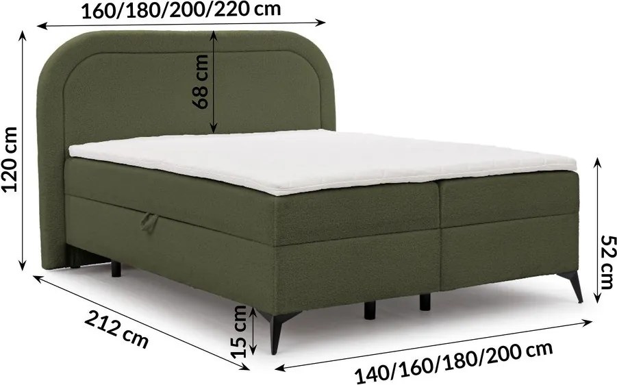 Pat boxspring verde cu spațiu de depozitare 140x200 cm Ornes – Ropez