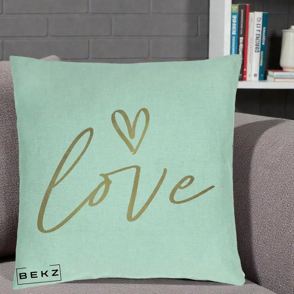 Perna Decorativa Love Caligrafie Aurie, 40x40 cm, Verde Menta, Husa Detasabila, Perna Inclusa, BEKZ®